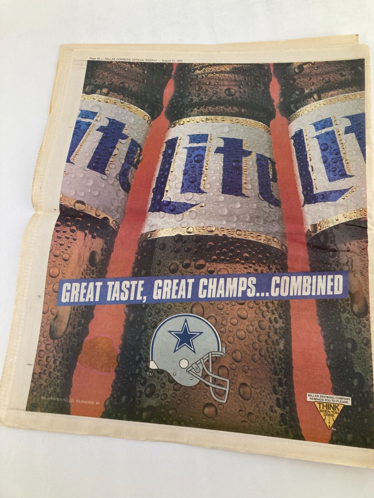 Advertisement from the Dallas Cowboys Weekly Newspaper August 27 1994 Vol 20 #11. Featuring the slogan 'Great Taste, Great Champs...Combined' alongside images of beverage cans and the Dallas Cowboys logo.