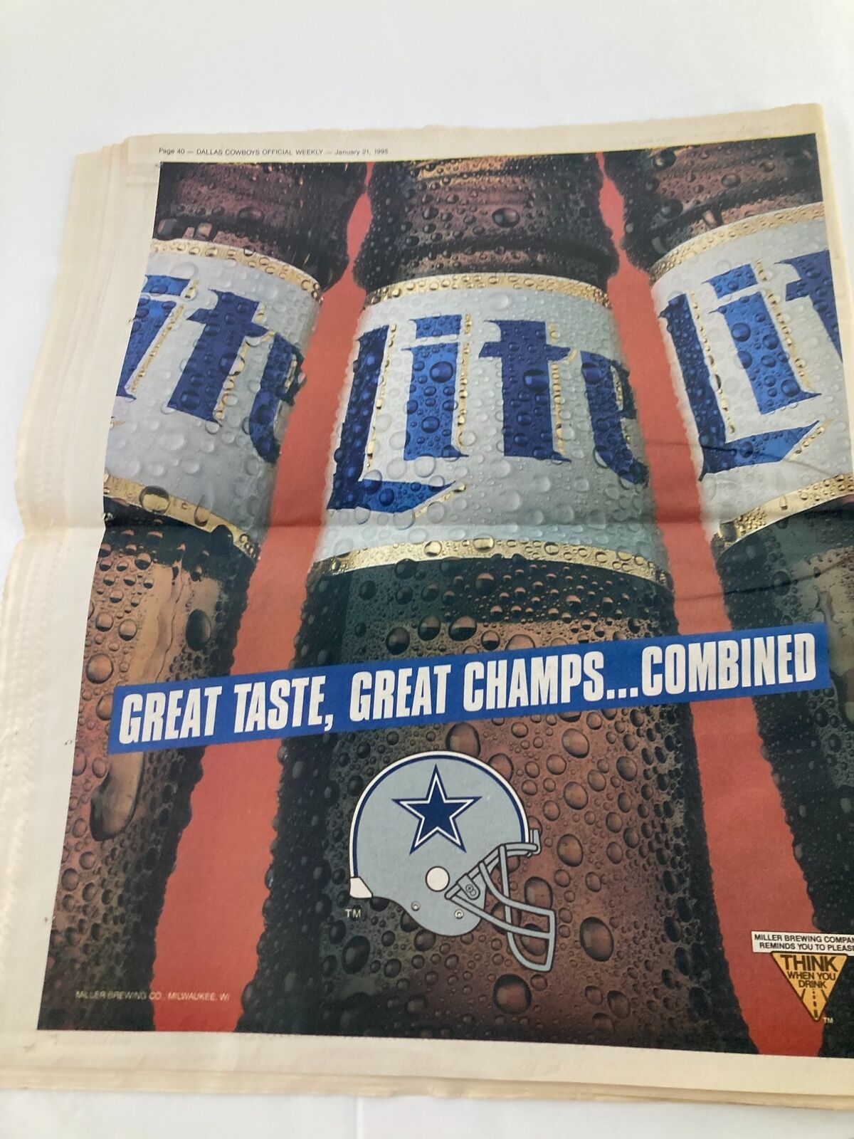 Dallas Cowboys Weekly Newspaper January 21 1995 Vol 20 #32 Michael Irvin with a vintage advertisement promoting Miller beer alongside the Cowboys logo.