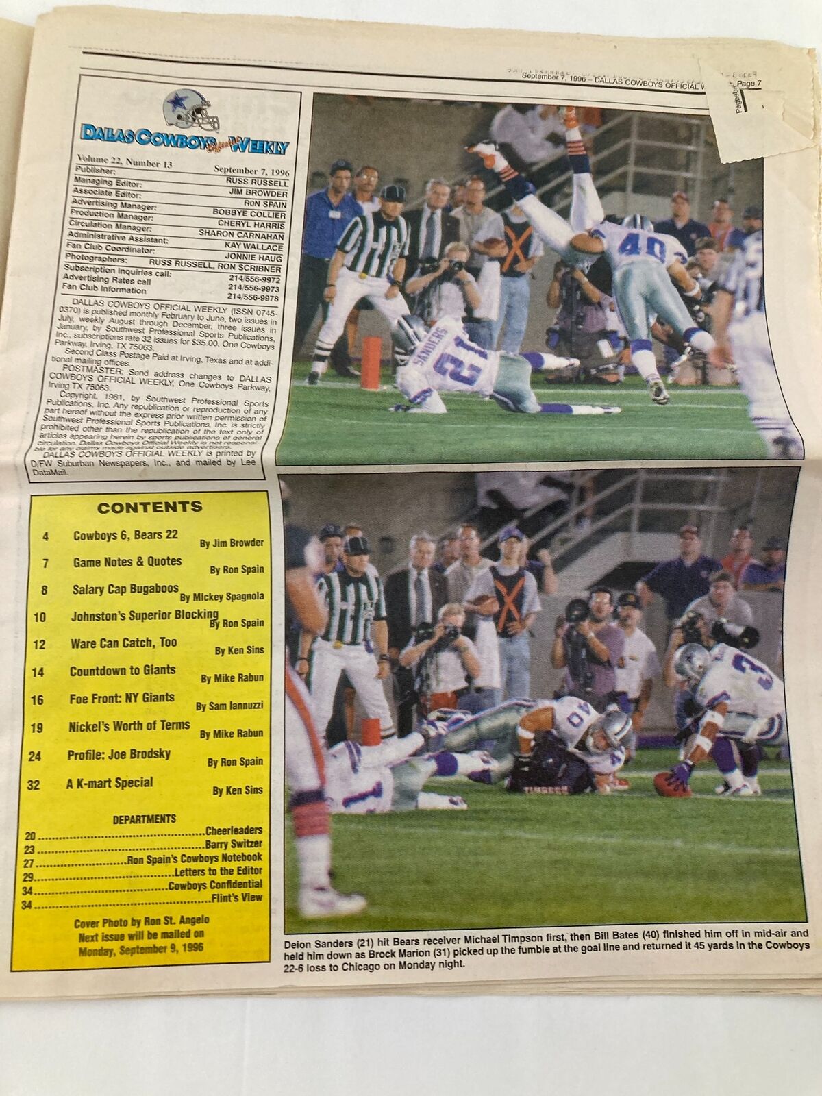 Interior page of the Dallas Cowboys Weekly Newspaper September 7, 1996, Volume 22 #13, with a photo of players on the field during a game against the Bears.