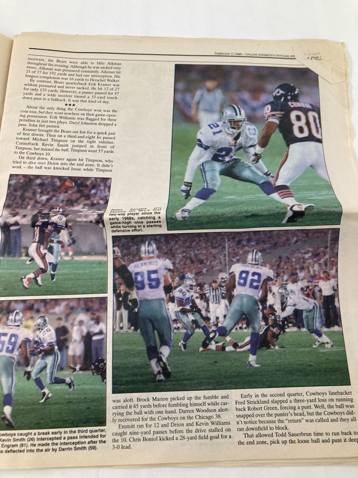 Another interior page of the Dallas Cowboys Weekly Newspaper September 7, 1996, Volume 22 #13, featuring action shots of Cowboys players during the Bears game.