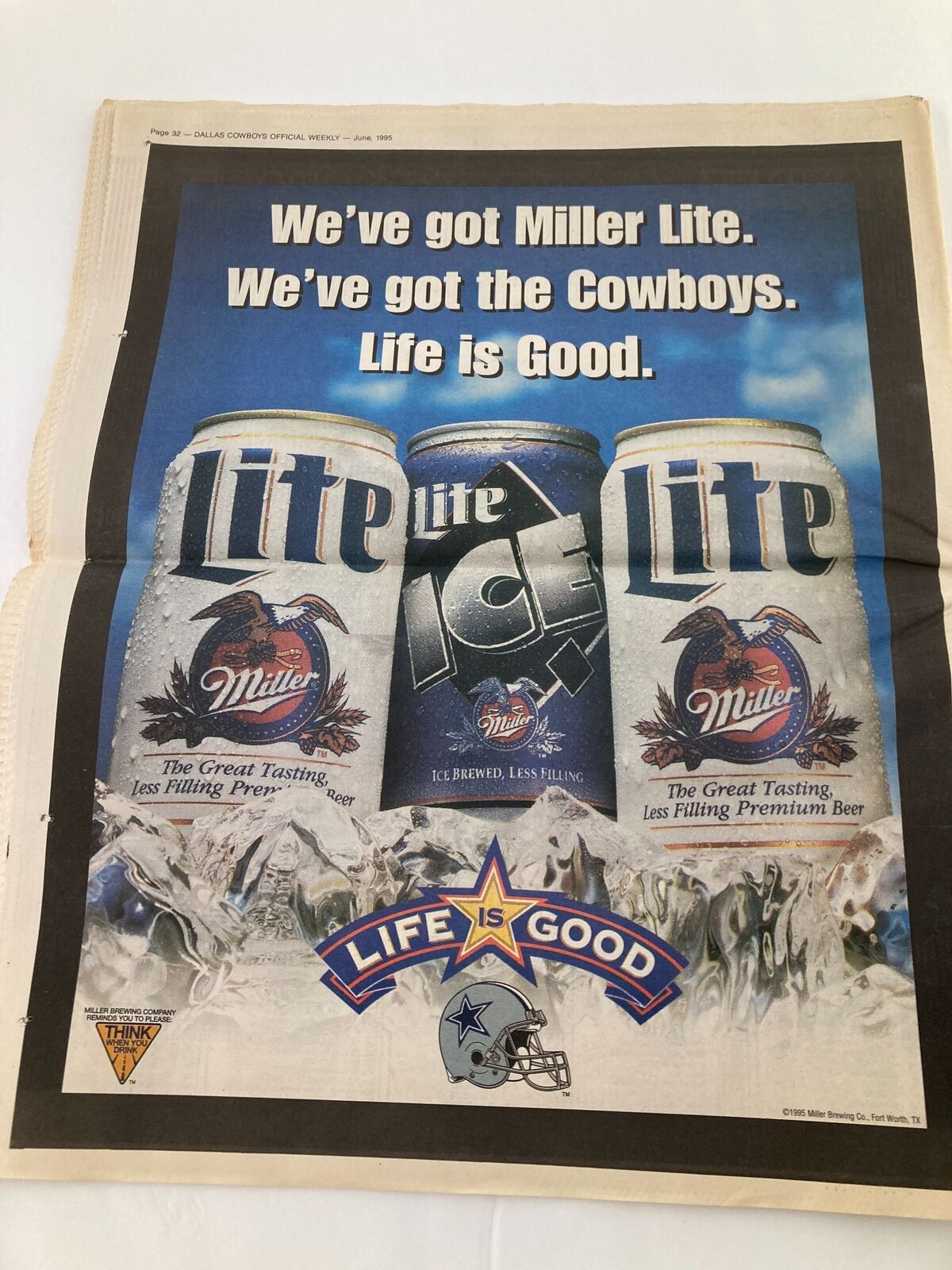 Dallas Cowboys Weekly Newspaper from June 1995, Vol 21 #5 displaying an advertisement for Miller Lite beer. The cans are presented with the tagline 'Life is Good', emphasizing a connection to the Dallas Cowboys.