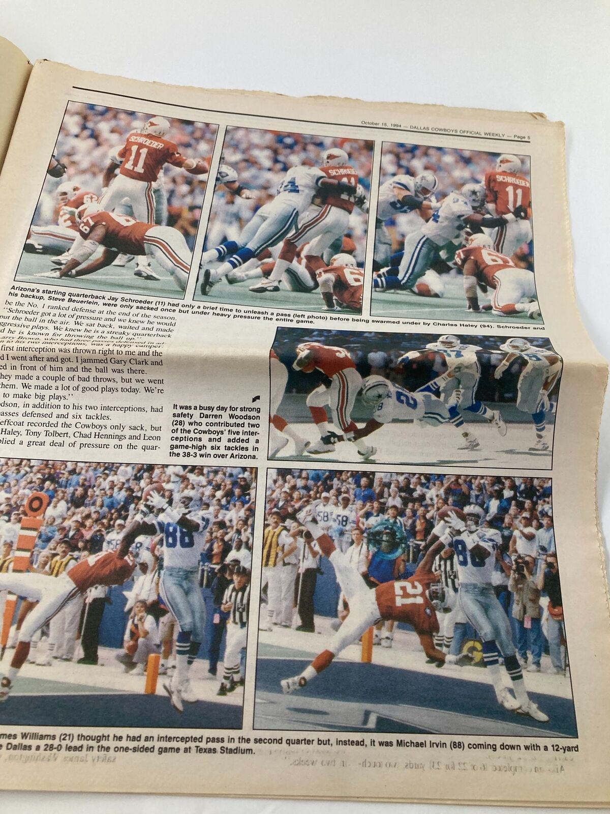 Dallas Cowboys Weekly Newspaper October 15, 1994 Vol 20 #18 image capturing action shots from a game with players highlighted, including Michael Irvin and contributions from the Cowboys against the Cardinals.