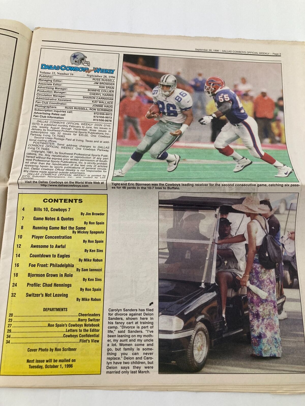 Inside view of the Dallas Cowboys Weekly Newspaper September 28 1996 Vol 22 #16, showcasing articles, player profiles, and game summaries relevant to the Dallas Cowboys.