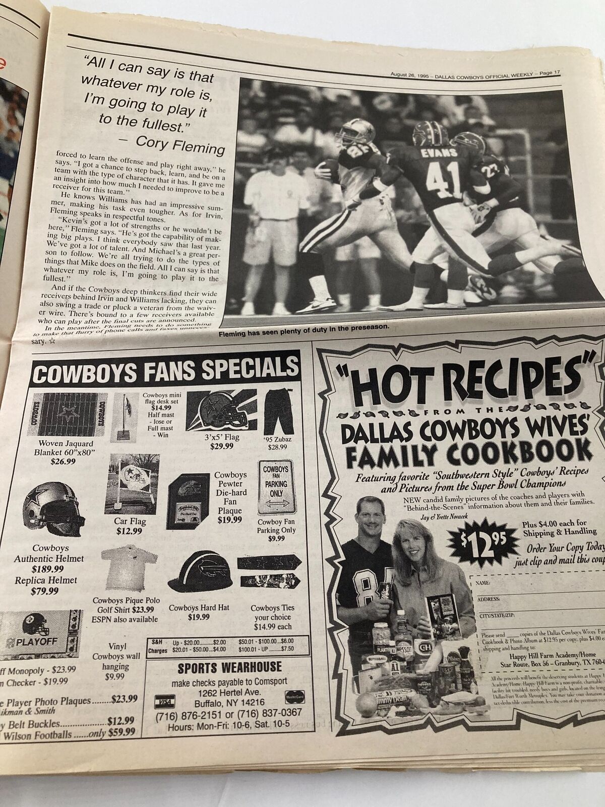 Advertisement page from the Dallas Cowboys Weekly Newspaper August 26 1995 Vol 21 #11, featuring various Cowboys merchandise and products for fans.