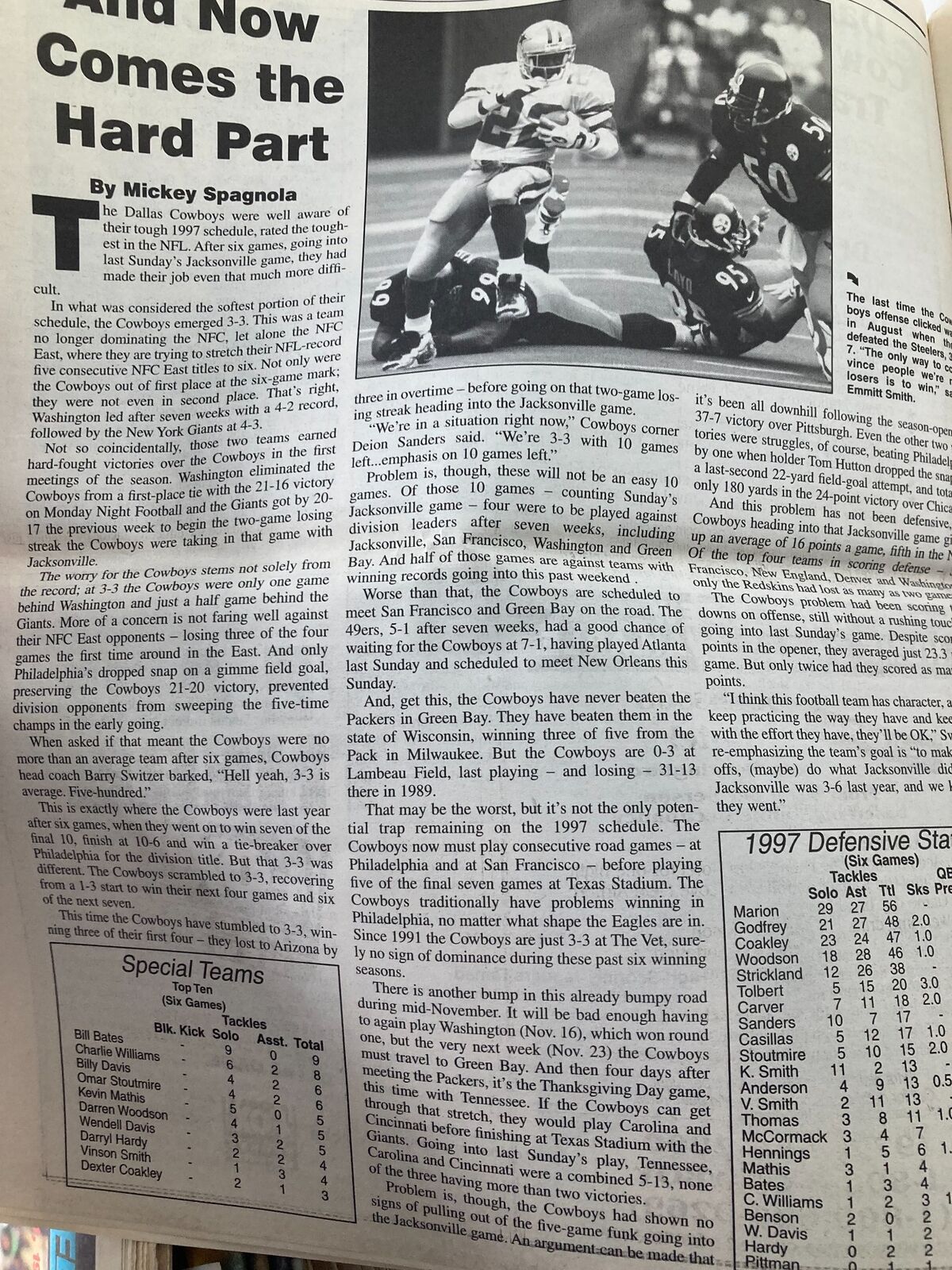 Interior page of Dallas Cowboys Weekly Newspaper dated October 25, 1997, with article titled 'And Now Comes the Hard Part' by Mickey Spagnola, discussing the team's performance.