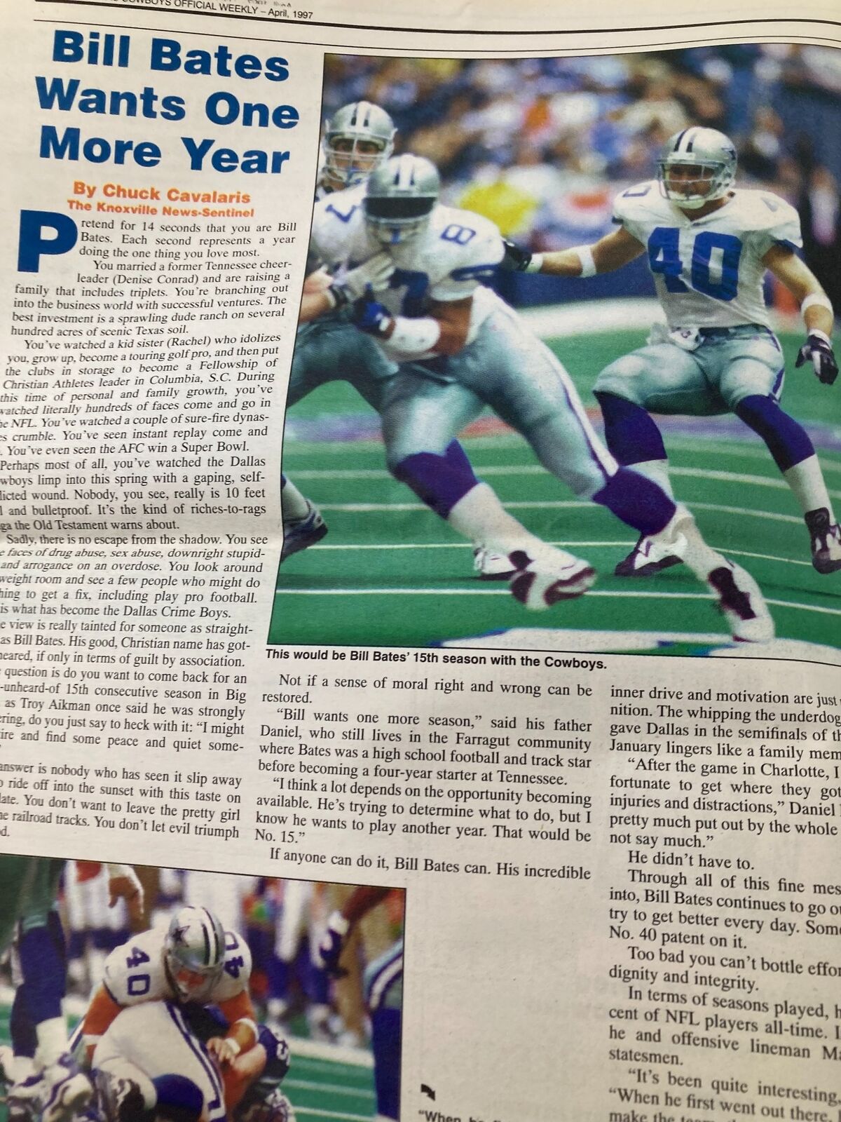 Dallas Cowboys Weekly Newspaper April 1997 Vol 23 #3 featuring Bill Bates in action during his 15th season with the team.