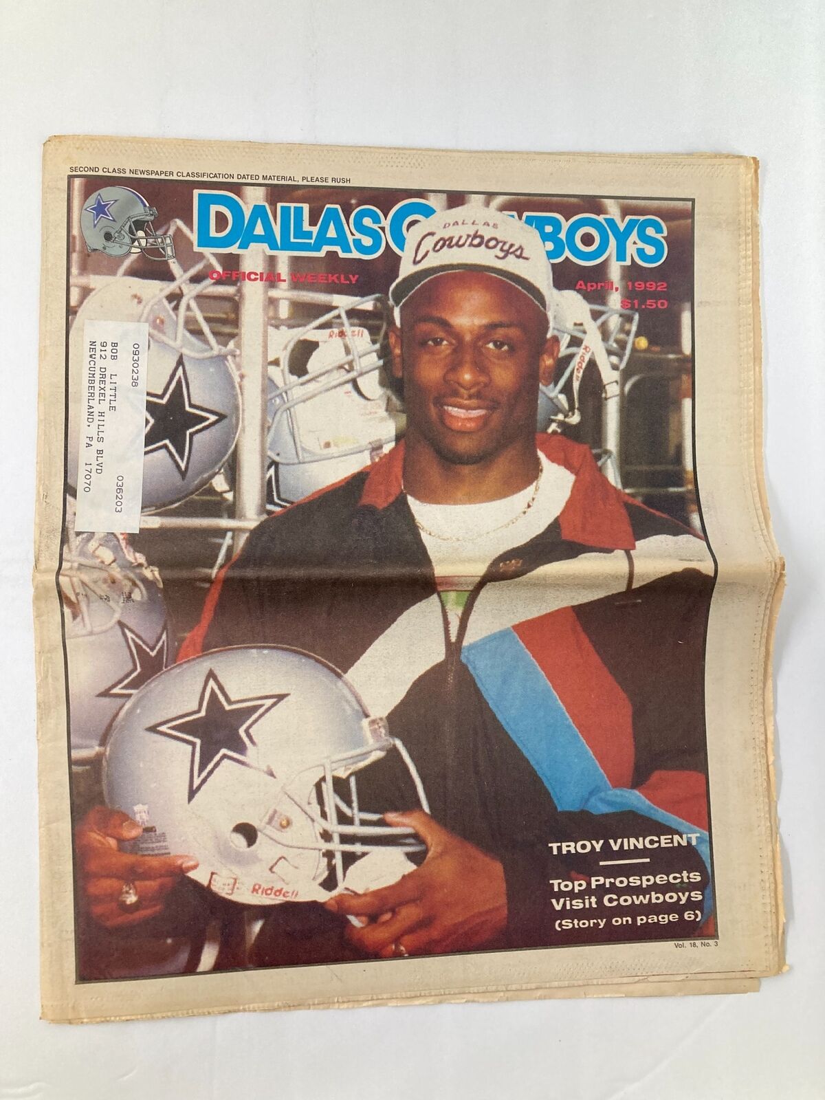 Dallas Cowboys Weekly Newspaper April 1992 Vol 18 #3 featuring Troy Vincent on the cover, showcasing the Dallas Cowboys logo and a photo of Vincent wearing a Cowboys jacket.