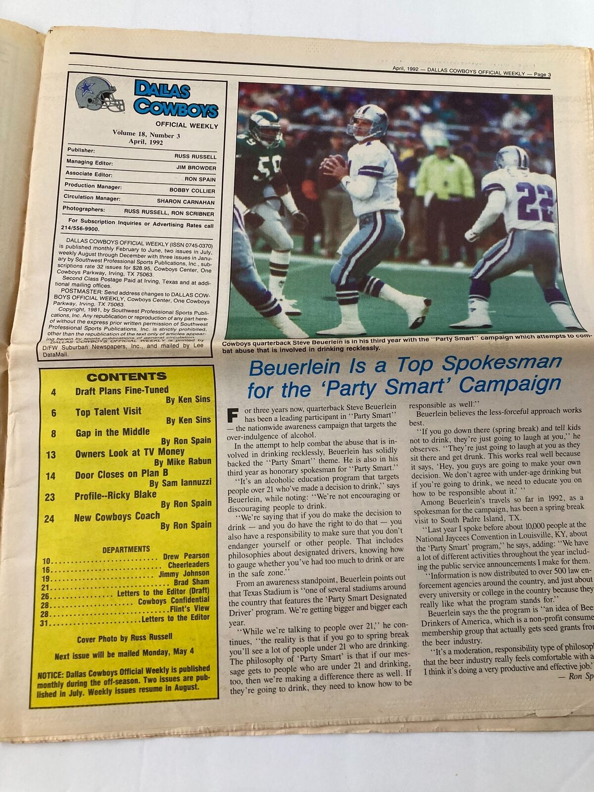 Inside page of Dallas Cowboys Weekly Newspaper April 1992 Vol 18 #3, displaying articles and content related to top prospects for the team, featuring a player in action.