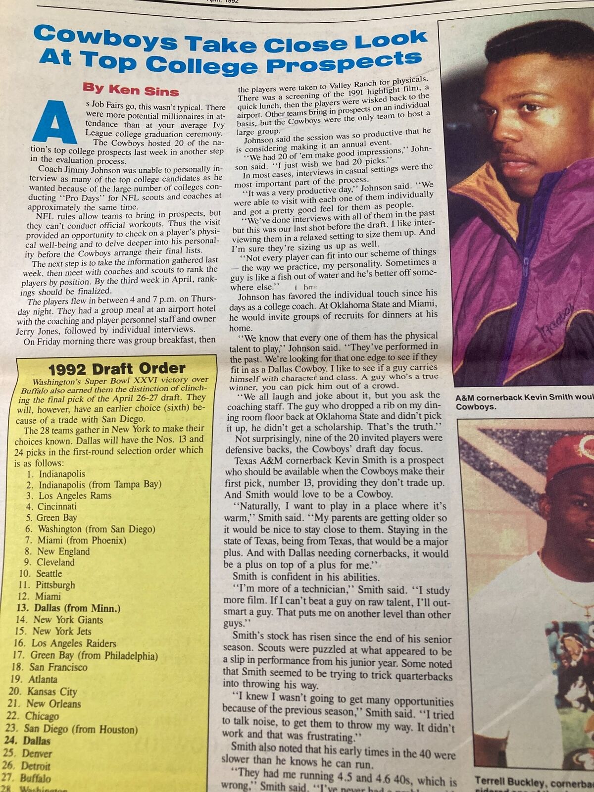 Dallas Cowboys Weekly Newspaper April 1992 Vol 18 #3 featuring an article on top college prospects, accompanied by a photo of a college athlete.
