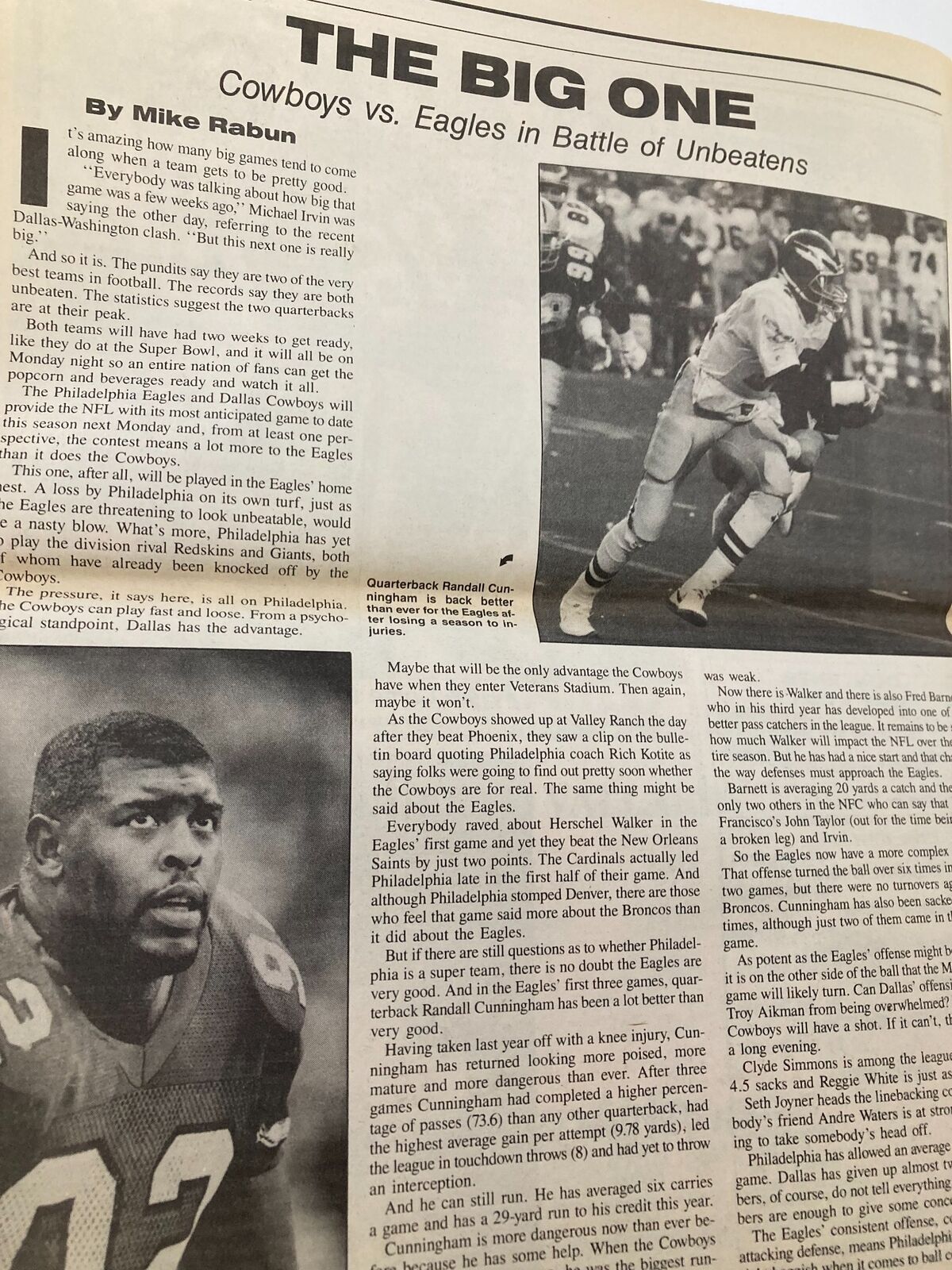 Article titled 'THE BIG ONE' in the Dallas Cowboys Weekly Newspaper October 3 1992 Vol 18 #16 discussing the Cowboys vs Eagles game and key players.