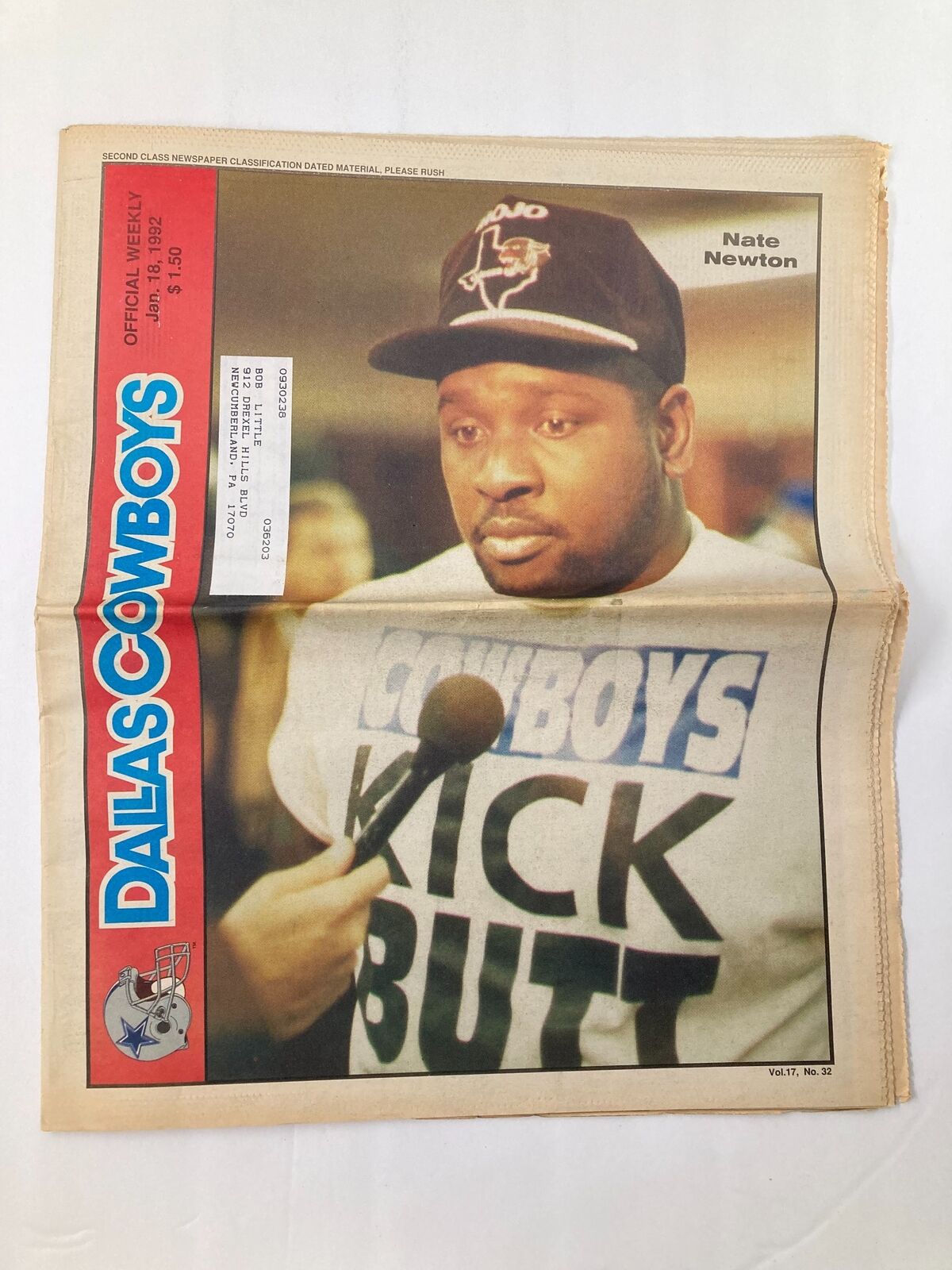 Dallas Cowboys Weekly Newspaper January 18 1992 Vol 17 #32 featuring Nate Newton on the cover, showing him in a Cowboys Kick Butt t-shirt while being interviewed.