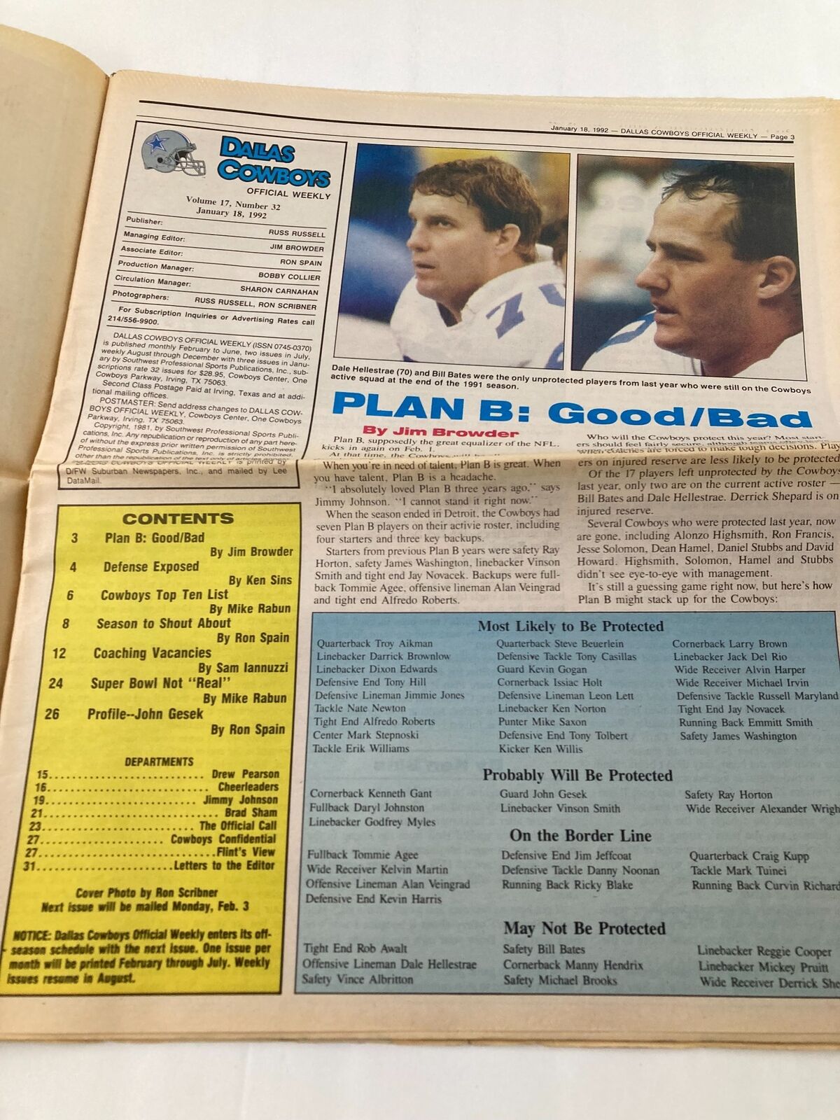 Inside page of the Dallas Cowboys Weekly Newspaper January 18 1992 Vol 17 #32, featuring articles and content related to the team's performance and strategies.