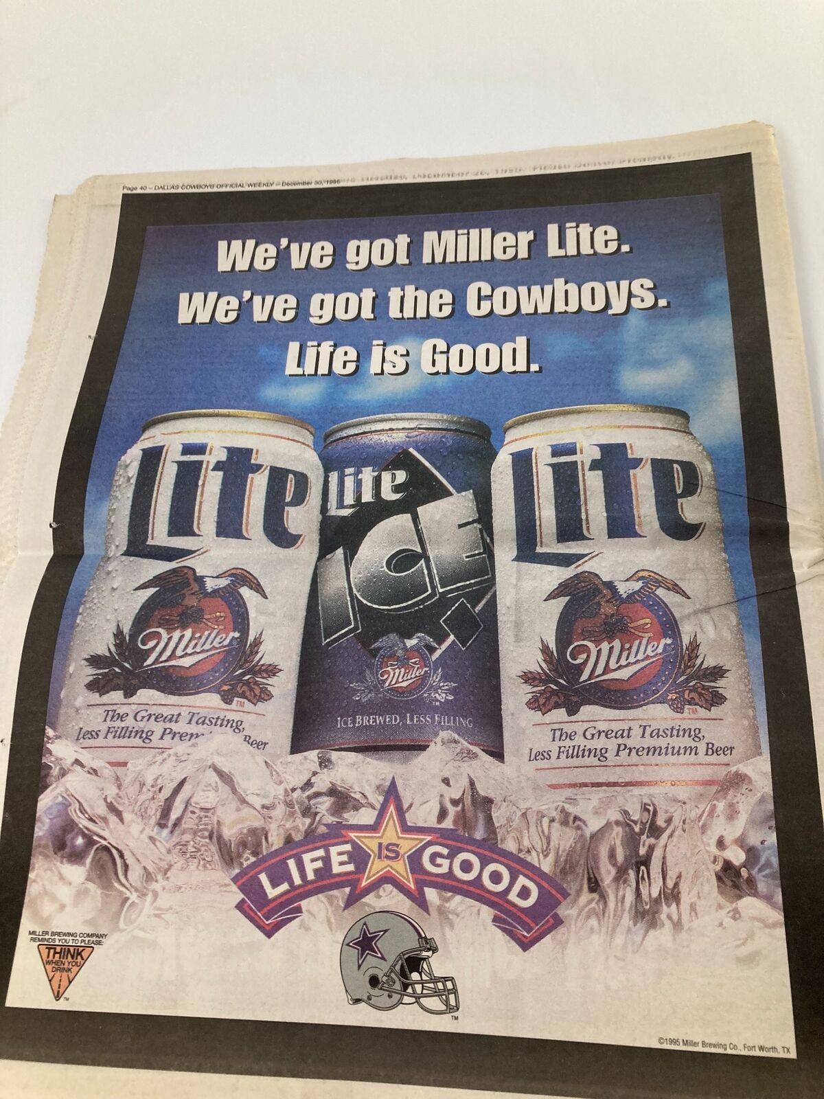 Dallas Cowboys Weekly Newspaper December 30 1995 Vol 21 #29 Emmitt Smith, showcasing an advertisement for Miller Lite beer with the tagline 'Life is Good' and images of beer cans.
