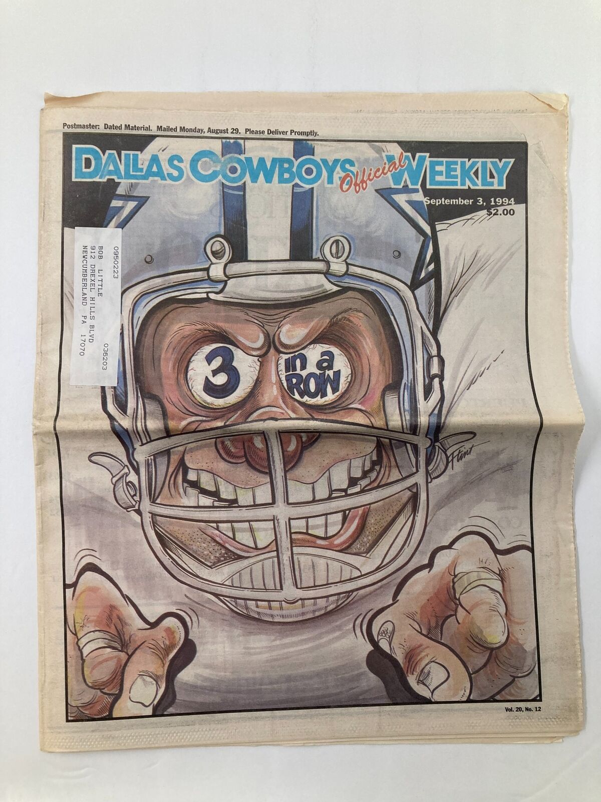 Dallas Cowboys Weekly Newspaper September 3 1994 featuring an illustration of a football player wearing a vintage helmet and shouting '3 in a row' with a playful cartoon style.