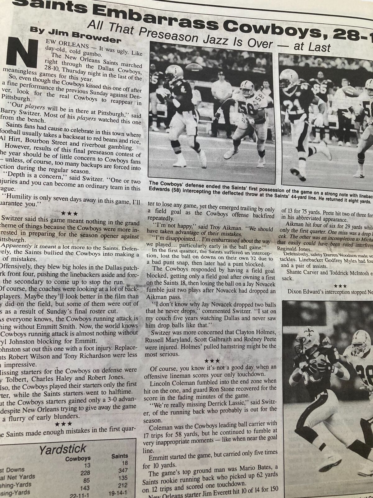 Article from the Dallas Cowboys Weekly Newspaper September 3 1994 detailing the preseason game against the Saints, with analysis and statistics from the match.