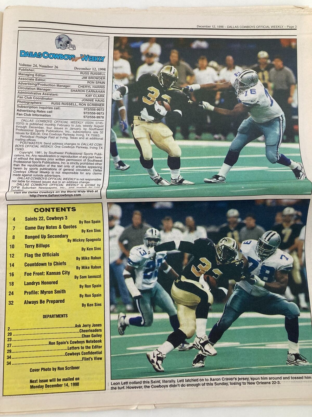 Contents page of Dallas Cowboys Weekly Newspaper December 12, 1998 Vol 24 #26 detailing articles and statistics.