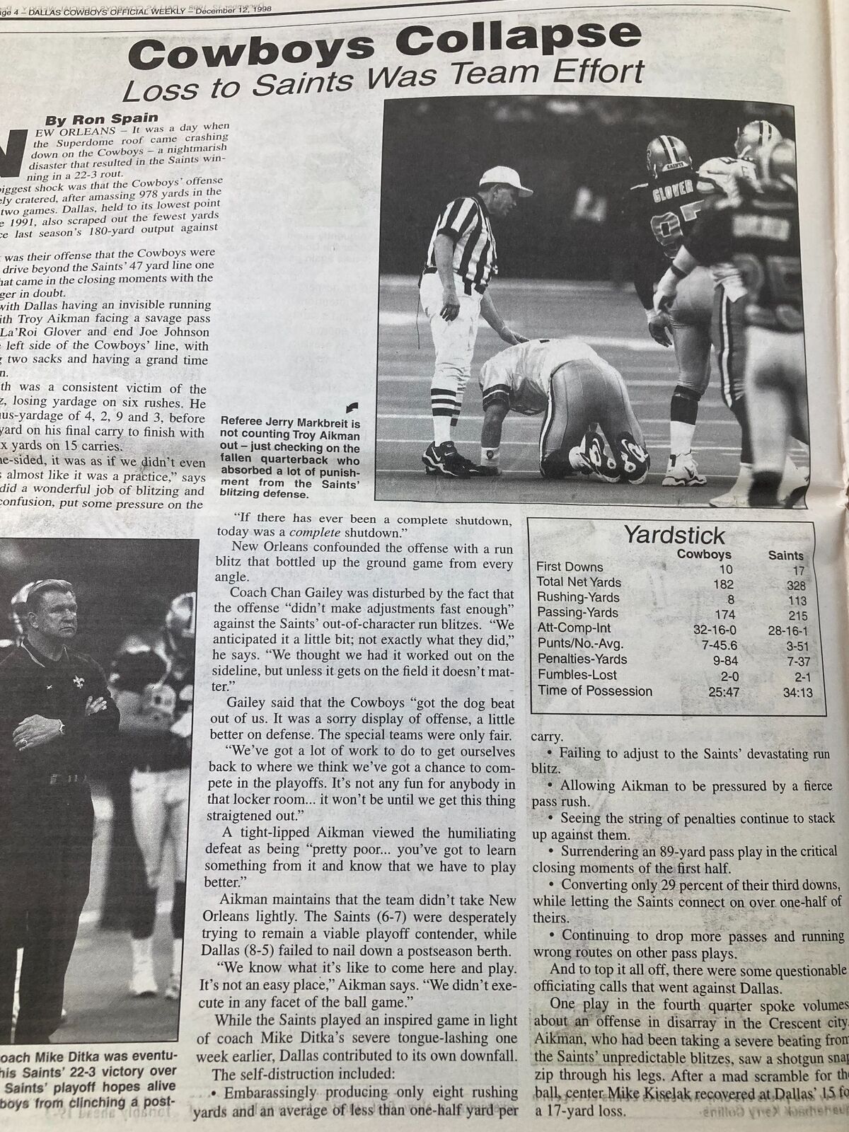 Article page from Dallas Cowboys Weekly Newspaper December 12, 1998 Vol 24 #26 discussing the Cowboys' loss to the Saints.