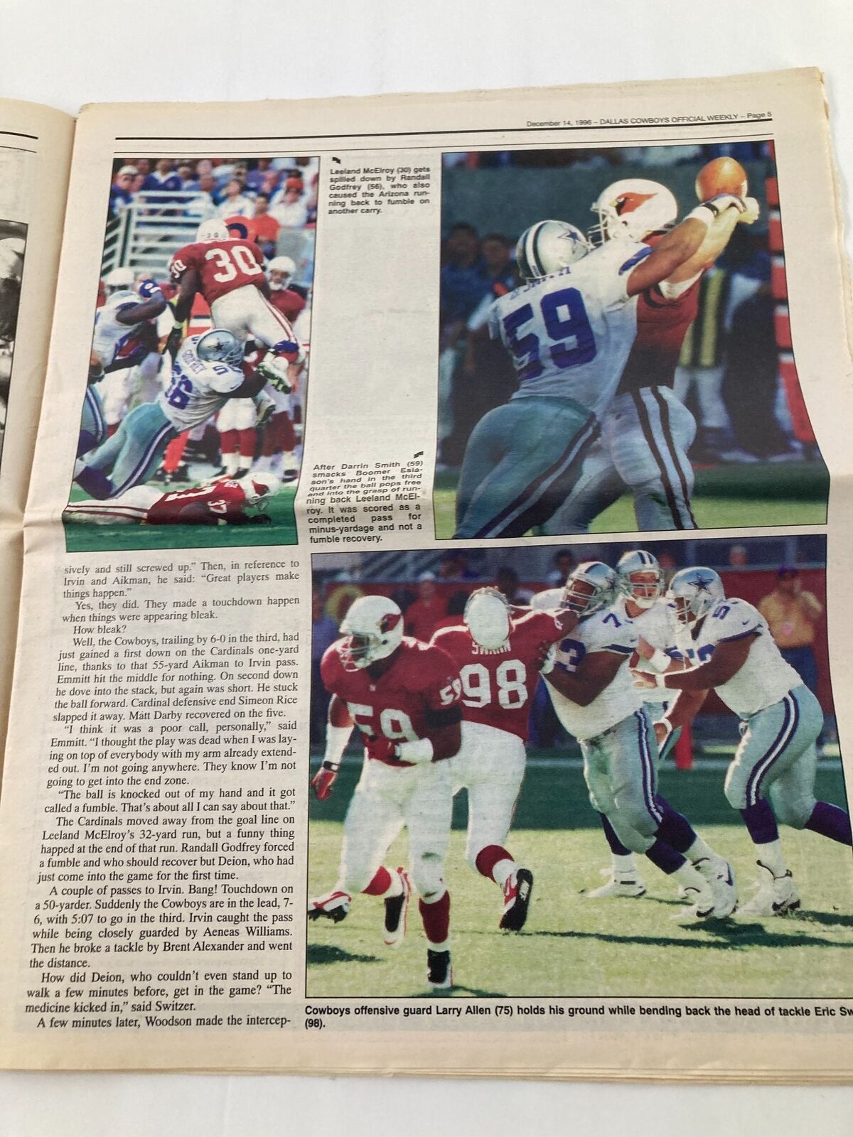 Another inside page of the Dallas Cowboys Weekly Newspaper December 14 1996 Vol 22 #27 showcasing photos of Cowboys players tackling opponents and defending against a pass.