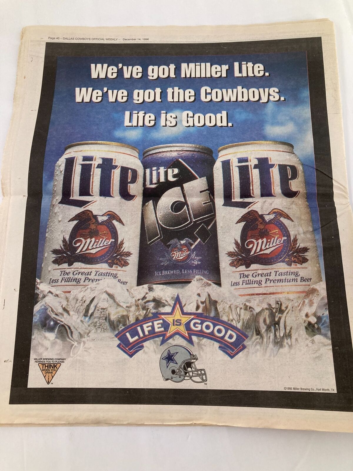 Dallas Cowboys Weekly Newspaper December 14 1996 Vol 22 #27 featuring Miller Lite advertisement showcasing beer cans with Cowboys branding and the phrase 'Life is Good'.