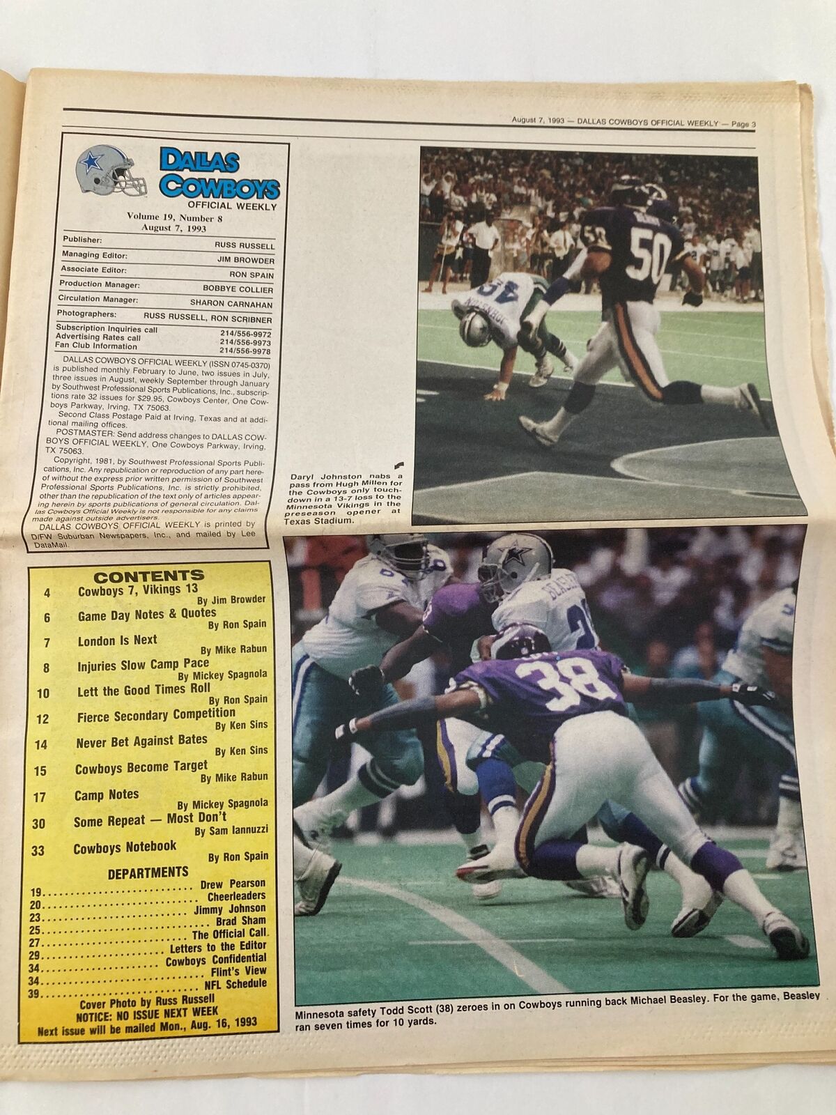 Inside page of Dallas Cowboys Weekly Newspaper from August 7, 1993, Volume 19 #8 showcasing a game action shot and game statistics.