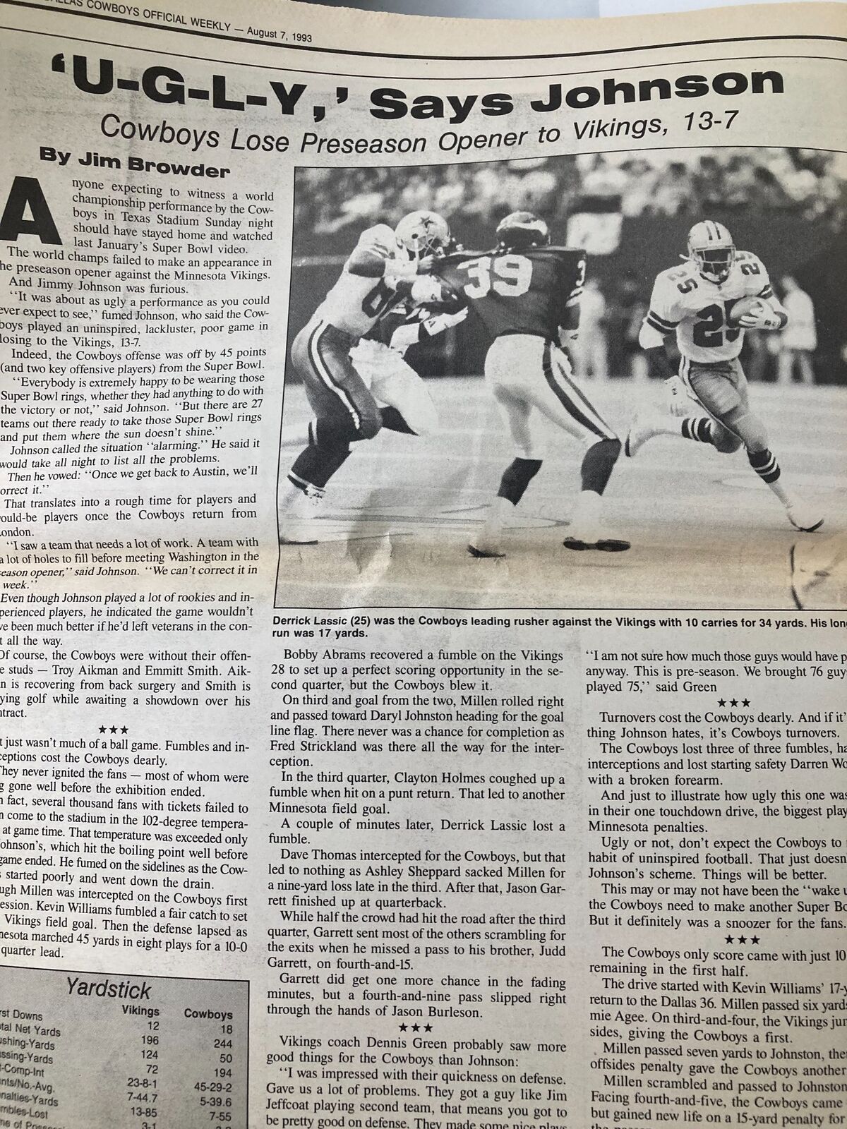 Dallas Cowboys Weekly Newspaper August 7 1993 Vol 19 #8 Daryl Johnston, featuring an article by Jim Browder covering the Cowboys' preseason opener against the Vikings, showcasing player action and game statistics.