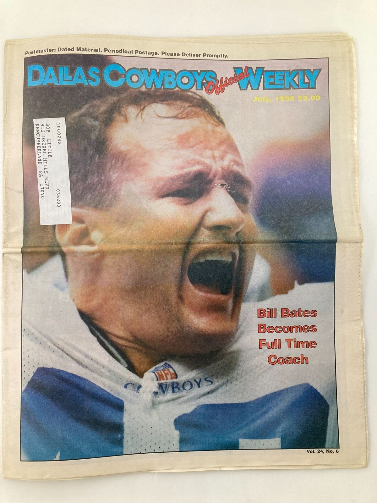 Dallas Cowboys Weekly Newspaper July 1998 Vol 24 #6 cover featuring Bill Bates, highlighting his transition to full-time coach with a vivid illustration of excitement.