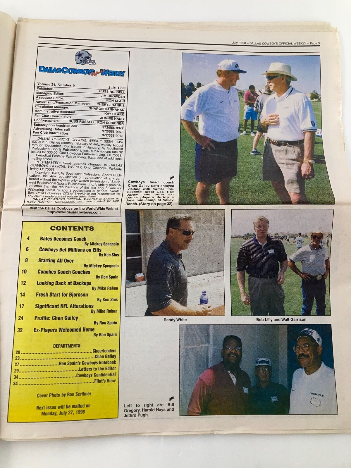 Dallas Cowboys Weekly Newspaper July 1998 Vol 24 #6 featuring photos of Bill Bates, Randy White, and Bob Lally at a Cowboys training event.