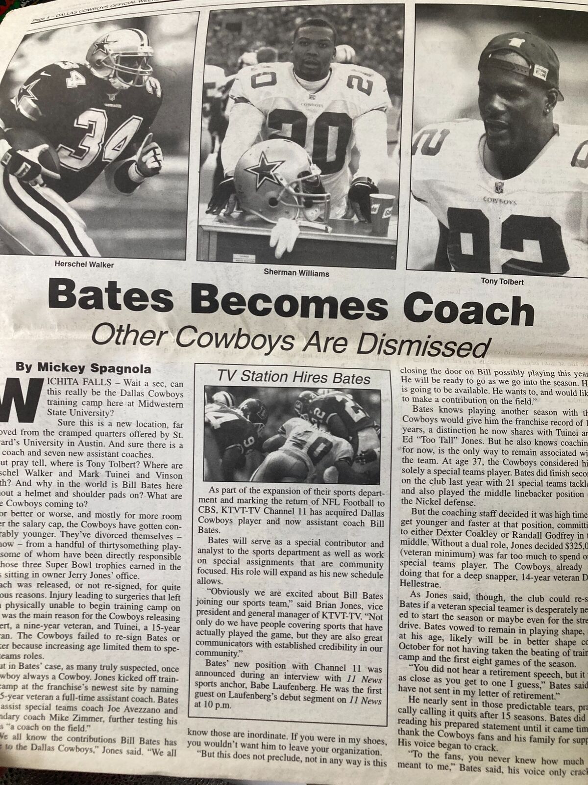 Dallas Cowboys Weekly Newspaper July 1998 Vol 24 #6 article titled 'Bates Becomes Coach' detailing the hiring of Bill Bates with images of players Herchel Walker, Sherman Williams, and Tony Tolbert.
