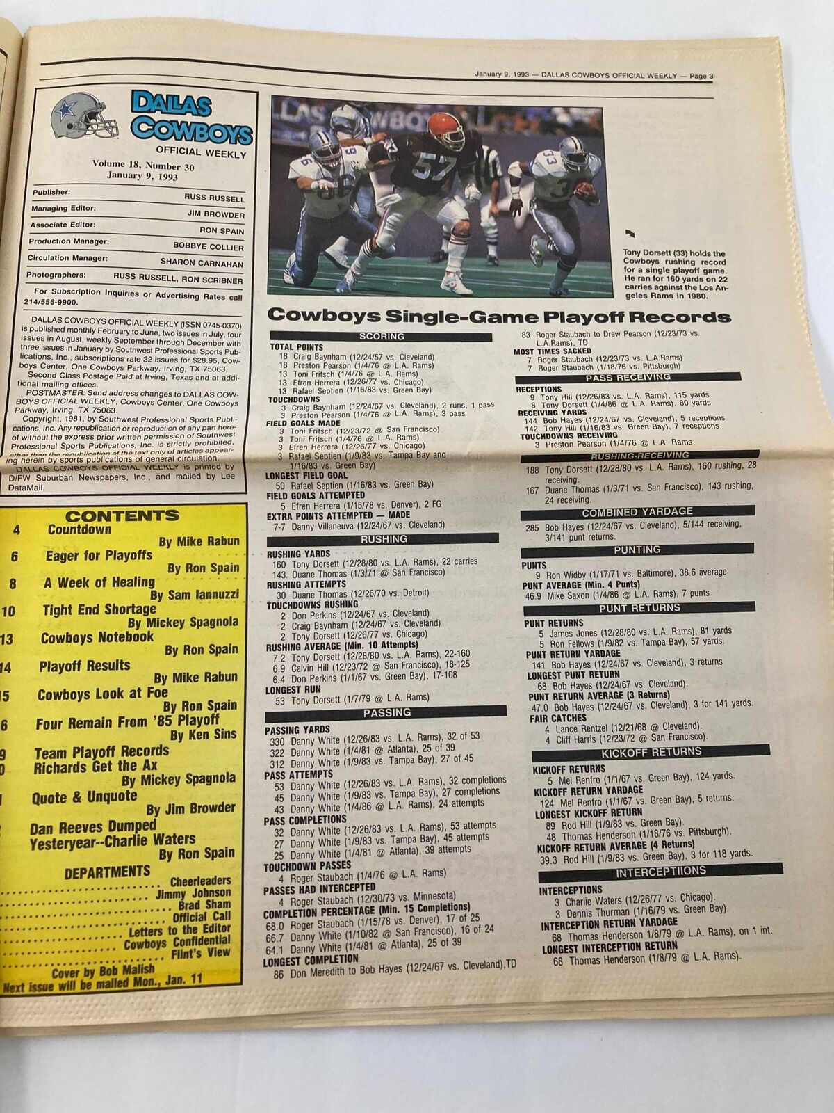Interior page of Dallas Cowboys Weekly Newspaper January 9 1993 Vol 18 #30, listing Cowboys Single-Game Playoff Records with player statistics.