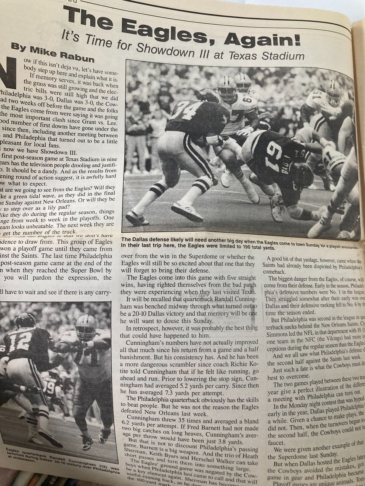 Article page titled 'The Eagles, Again!' from Dallas Cowboys Weekly Newspaper January 9 1993 Vol 18 #30, discussing the upcoming matchup at Texas Stadium.