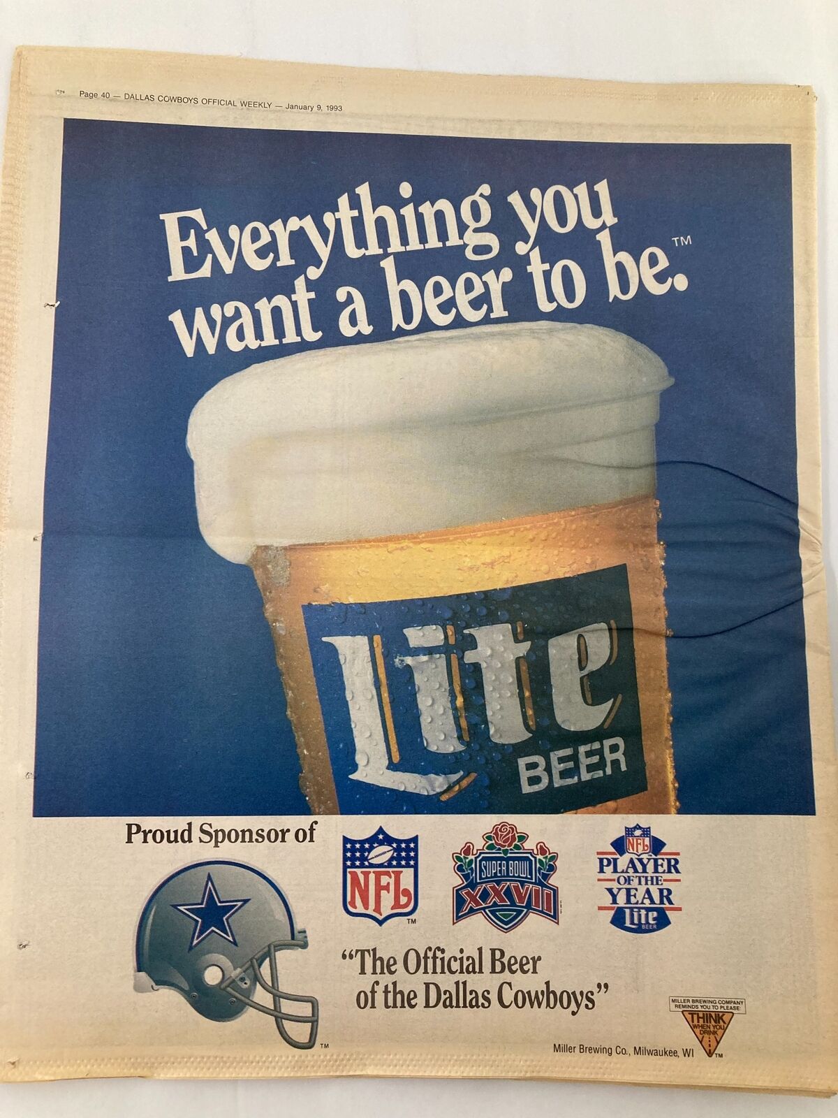 Advertisement from the Dallas Cowboys Weekly Newspaper January 9 1993 Vol 18 #30 Troy Aikman promoting Lite Beer, the official beer of the Dallas Cowboys.