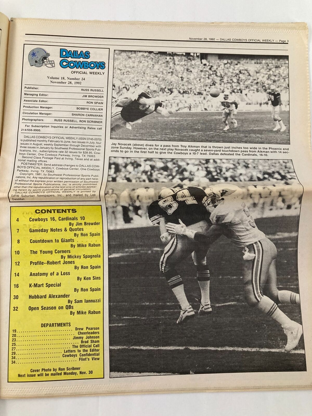 Inside page of the Dallas Cowboys Weekly Newspaper November 28 1992 Vol 18 #24, with game notes and images highlighting Dallas Cowboys football action.