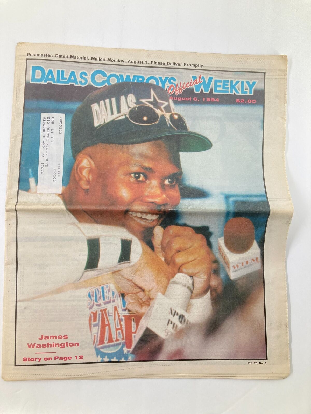 Dallas Cowboys Weekly Newspaper August 6, 1994 Vol 20 #8 featuring James Washington on the cover, showcasing him smiling and promoting the team.