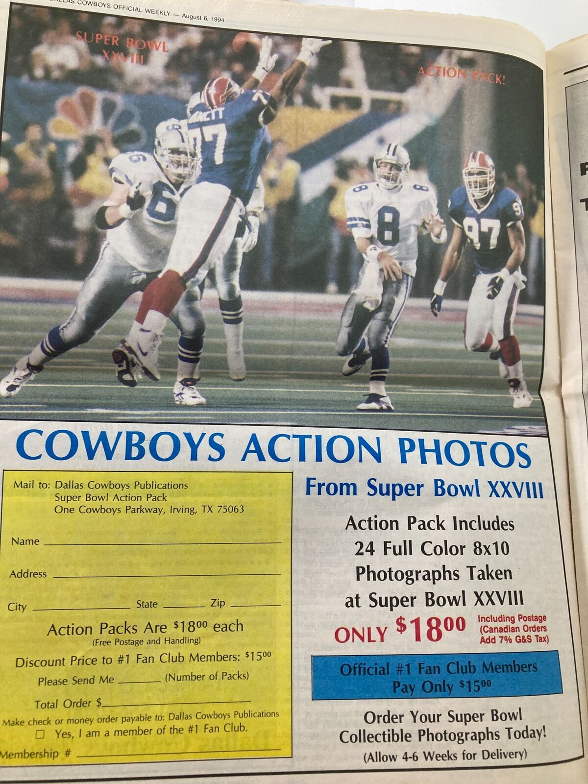 Dallas Cowboys Weekly Newspaper August 6 1994 Vol 20 #8 James Washington showcasing Super Bowl action photos, including players in action during the game.