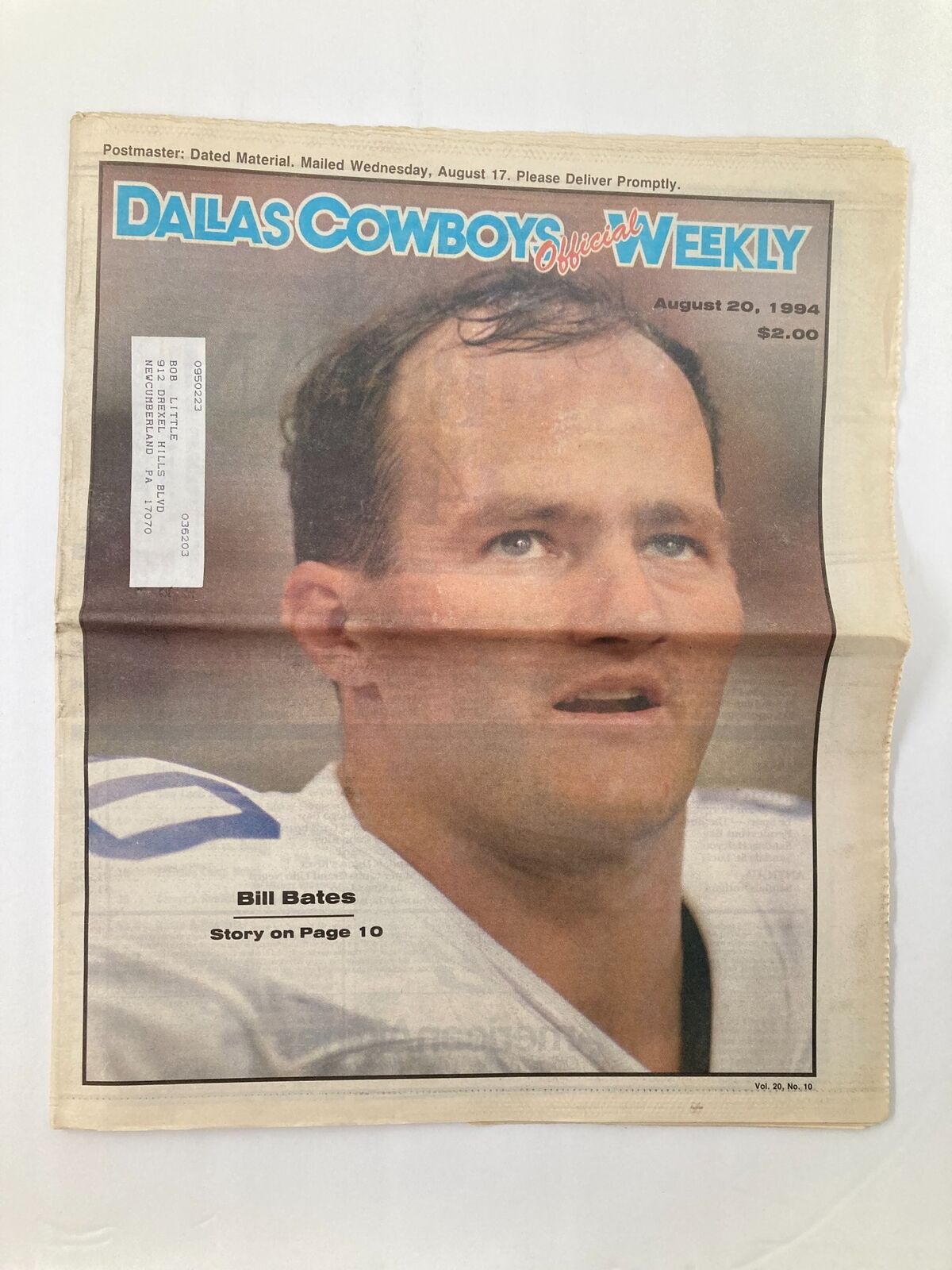 Dallas Cowboys Weekly Newspaper August 20, 1994, featuring Bill Bates on the cover. The newspaper highlights Bill Bates and includes a story on page 10.