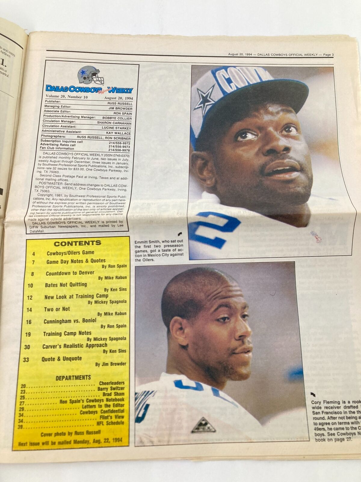 Inside page of Dallas Cowboys Weekly Newspaper August 20, 1994, showcasing Emmitt Smith and game notes. The layout provides insights about the Cowboys' game strategies.
