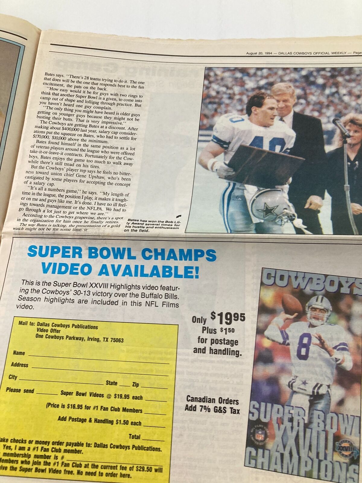 Advertisement page from Dallas Cowboys Weekly Newspaper August 20, 1994, promoting Super Bowl highlights and merchandise. The page features information about purchasing NFL films.