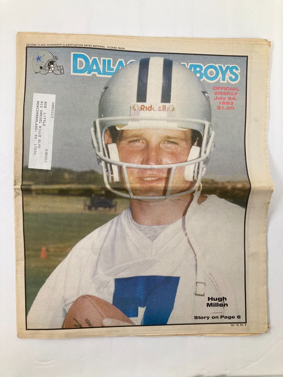 Cover of the Dallas Cowboys Weekly Newspaper dated July 24, 1993, featuring Hugh Millen in a football helmet. The publication includes a story about Millen on page 6.
