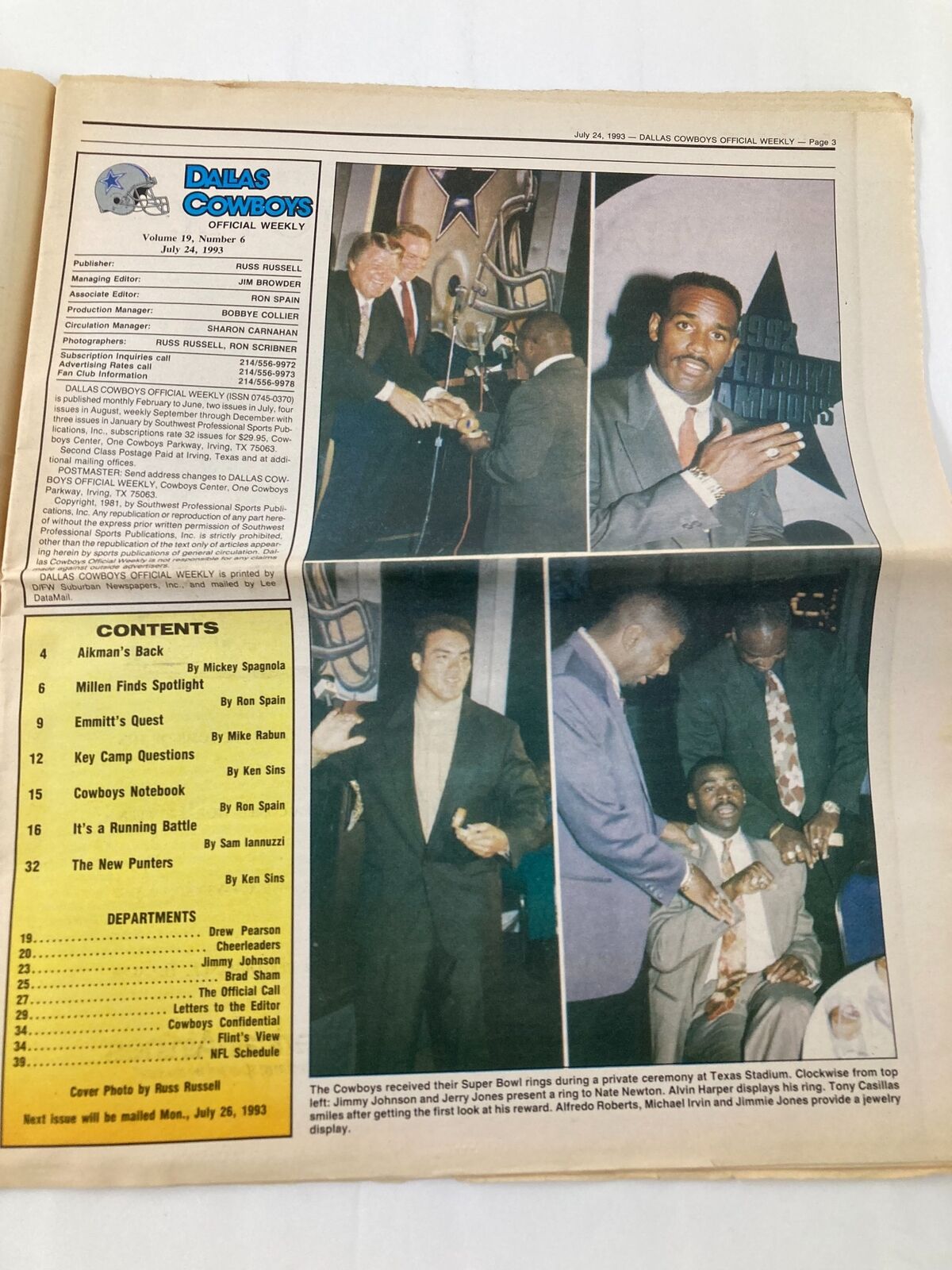 Dallas Cowboys Weekly Newspaper July 24 1993 Vol 19 #6 featuring a collage of team members at a Super Bowl presentation event, highlighting moments of celebration and camaraderie among players.