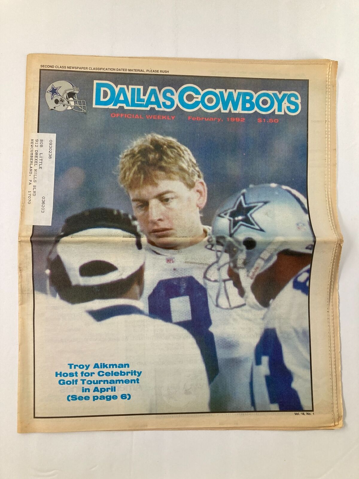 Cover page of the Dallas Cowboys Weekly Newspaper from February 1992, featuring Troy Aikman, official weekly issue volume 18, number 1.