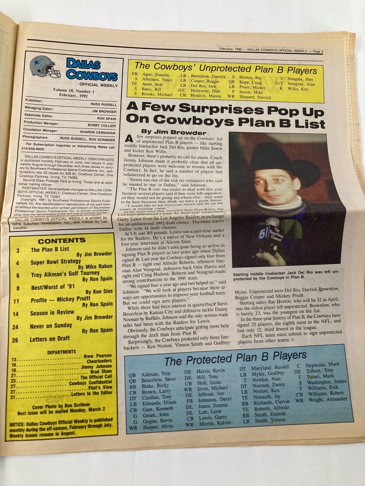 Inside page of the Dallas Cowboys Weekly Newspaper from February 1992, detailing the Cowboys' unprotected players and their plan B list.
