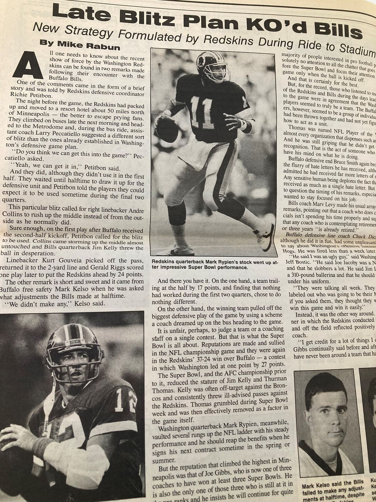 Article from the Dallas Cowboys Weekly Newspaper February 1992, discussing a strategy formulated by the Redskins during travel, highlighting key players.