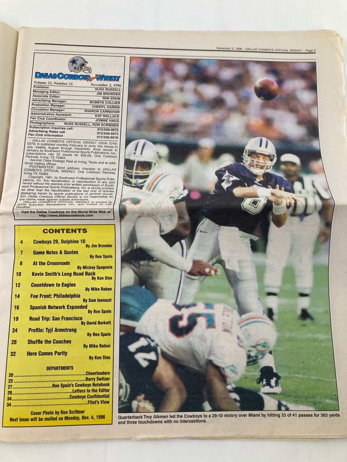 Dallas Cowboys Weekly Newspaper November 2 1996 Vol 22 #21 featuring quarterback Troy Aikman leading a play against the Miami Dolphins.