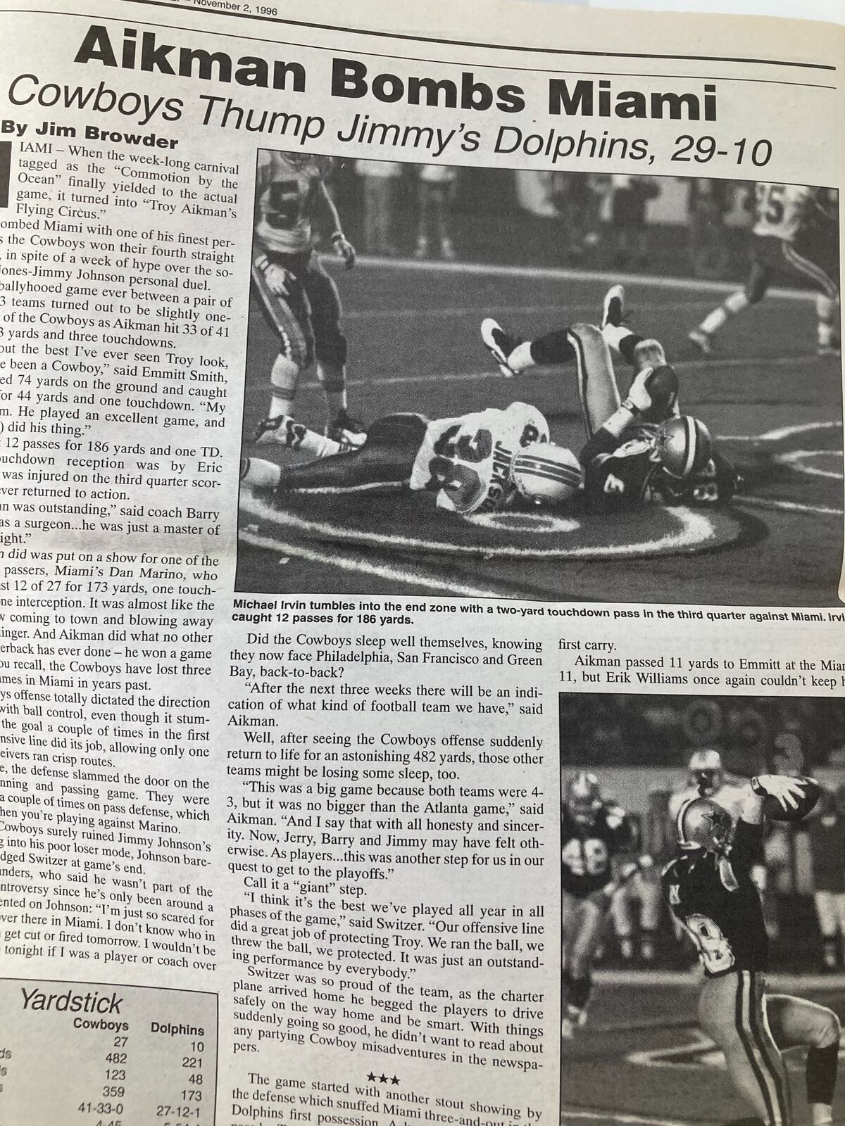 Dallas Cowboys Weekly Newspaper November 2 1996 Vol 22 #21 continuation of the article 'Aikman Bombs Miami' highlighting key moments from the game.