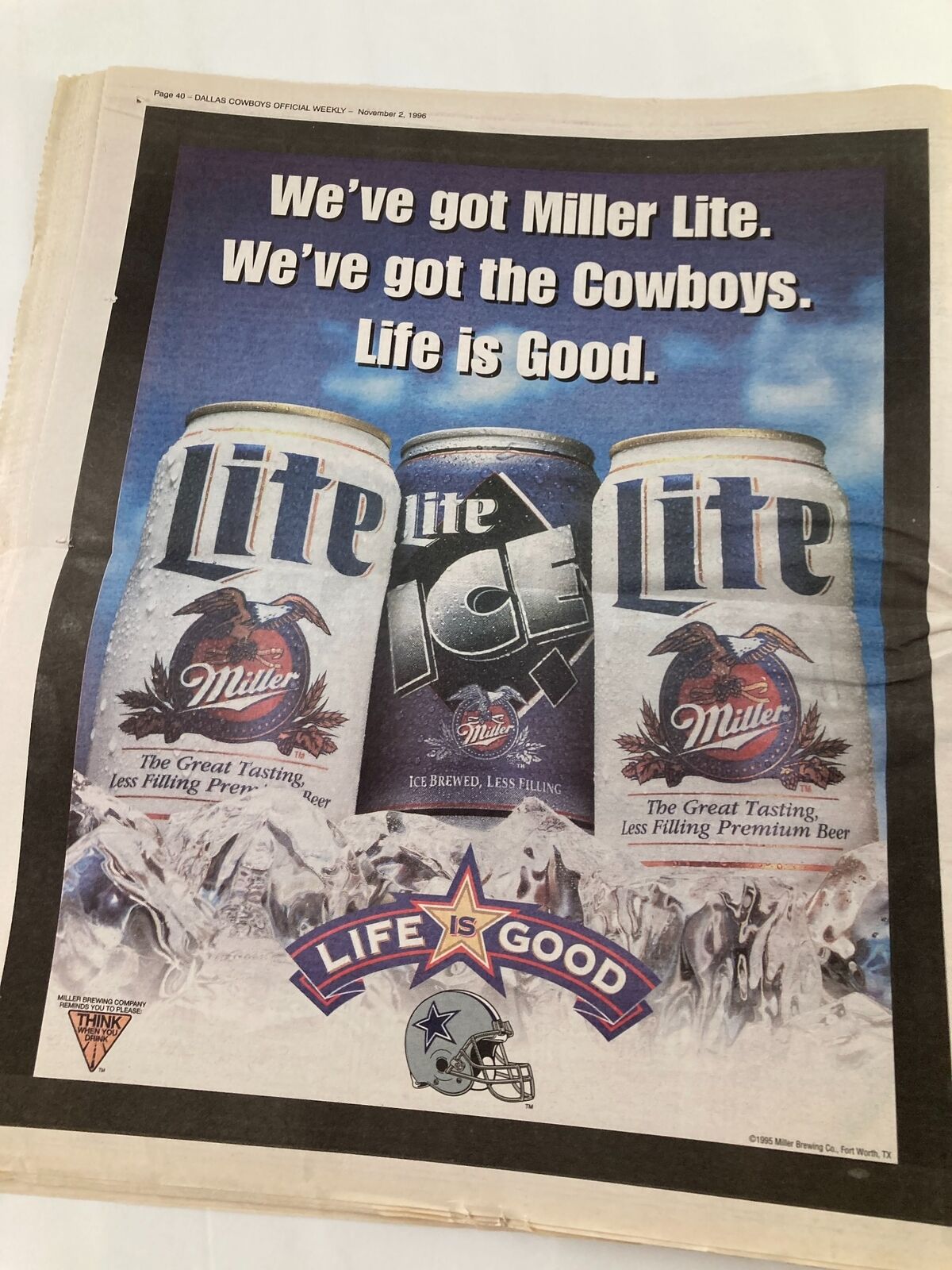 Dallas Cowboys Weekly Newspaper November 2 1996 Vol 22 #21 ad for Miller Lite beer featuring three cans and the slogan 'Life is Good'. Good condition with minor wear, comes folded, and protected.