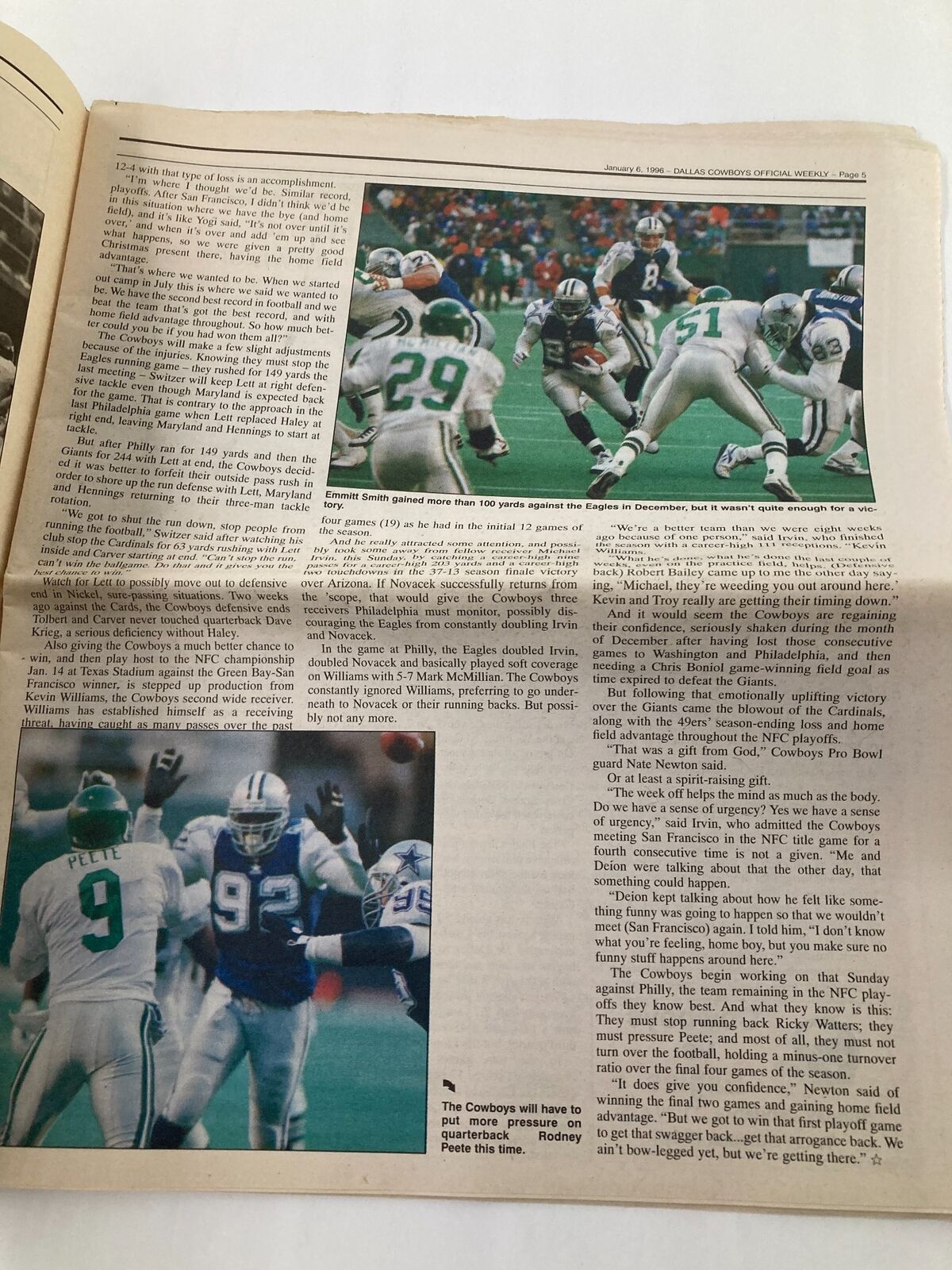 Dallas Cowboys Weekly Newspaper January 6 1996 Vol 21 #30 Troy Aikman including images and commentary on the Cowboys-Eagles rivalry and highlights from the game.