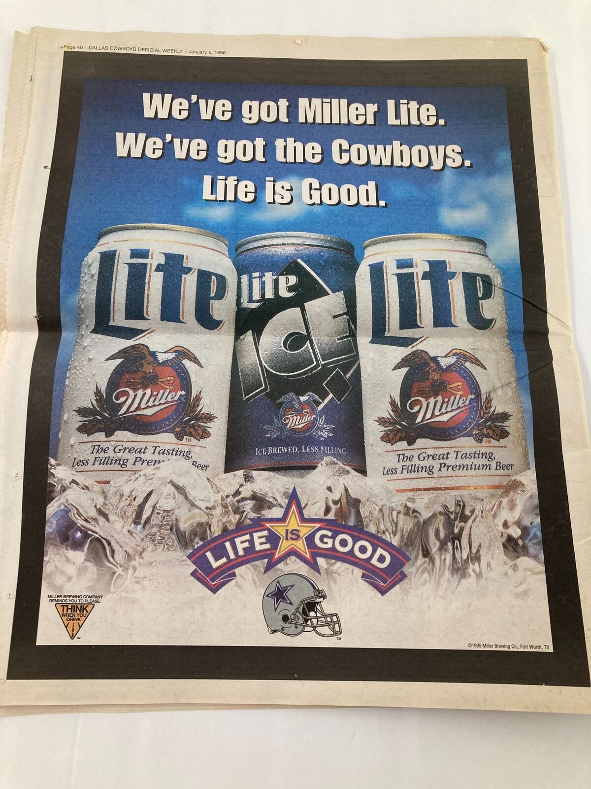 Dallas Cowboys Weekly Newspaper January 6 1996 Vol 21 #30 Troy Aikman featuring an advertisement for Miller Lite beer alongside Cowboys branding.