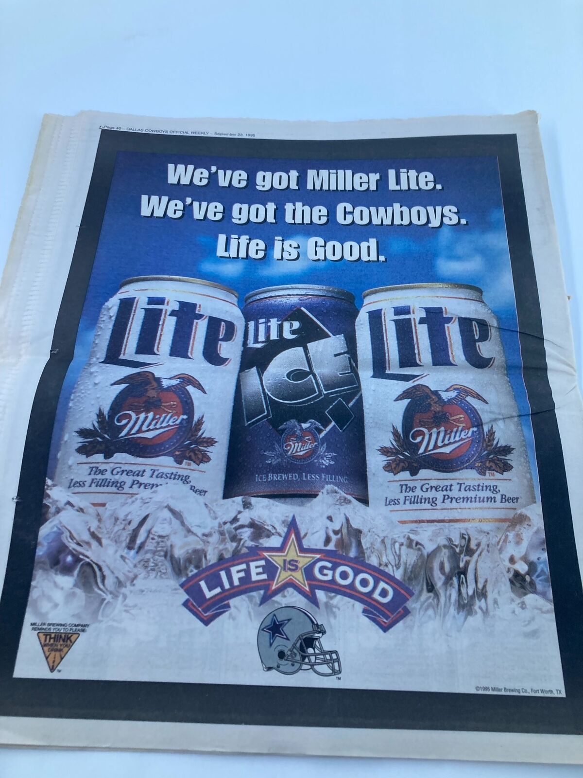 Dallas Cowboys Weekly Newspaper September 23 1995 advertisement showcasing Miller Lite beer with Cowboys branding, emphasizing the slogan 'Life is Good'.