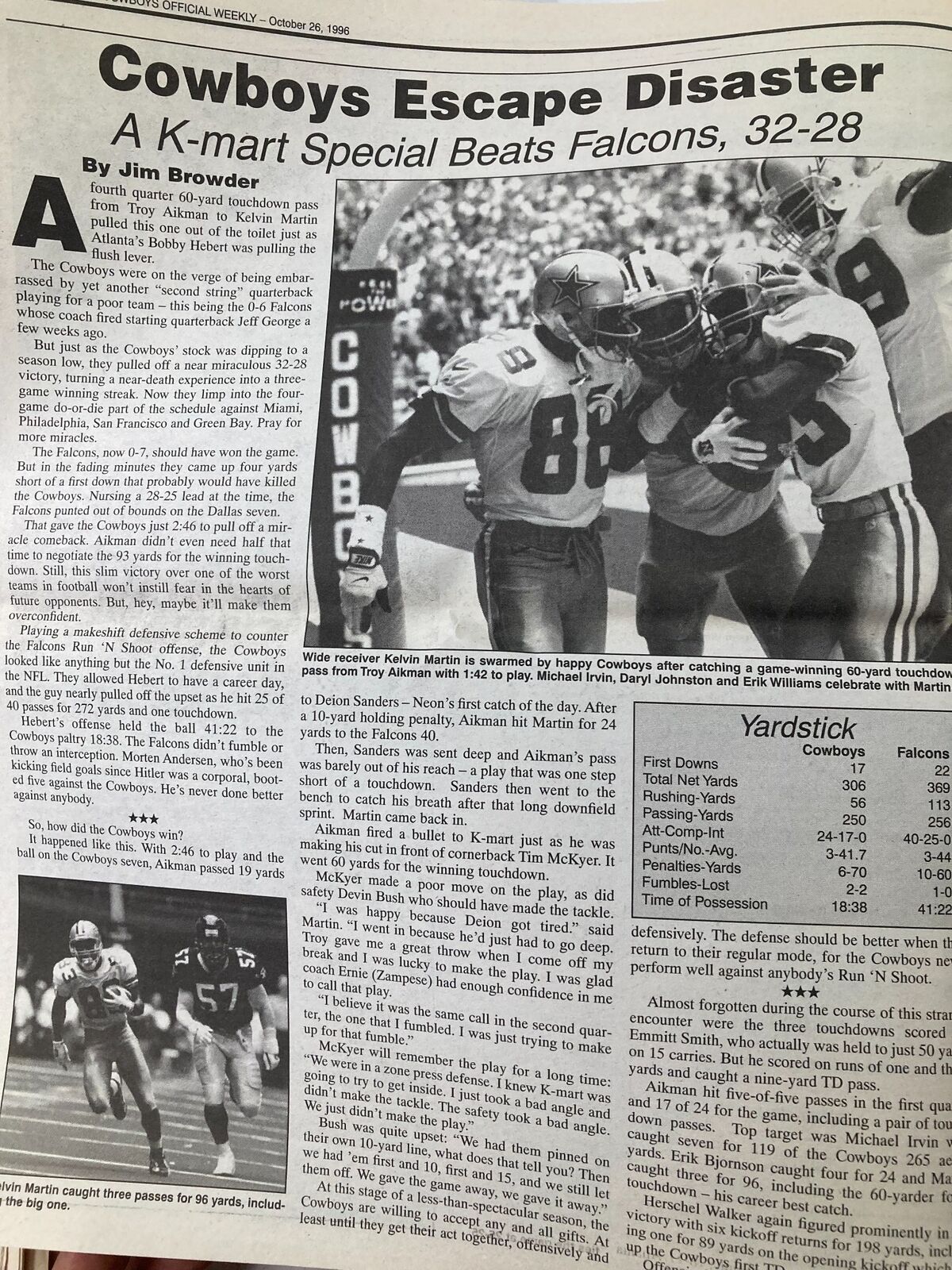 Dallas Cowboys Weekly Newspaper October 26 1996 Vol 22 #20 Herschel Walker showcasing the game highlights and statistics from the Dallas Cowboys versus Atlanta Falcons match.