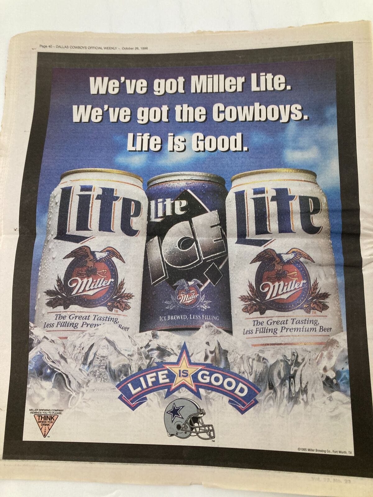 Dallas Cowboys Weekly Newspaper from October 26, 1996, featuring Herschel Walker on the cover. The image shows an advertisement for Miller Lite beer with the tagline 'We've got Miller Lite. We've got the Cowboys. Life is Good.' highlighting the brand's association with the Dallas Cowboys.